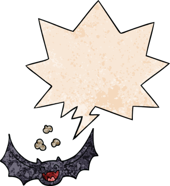 Konuşma baloncuğu olan karikatür yarasası insan tarafından çizilmiş.