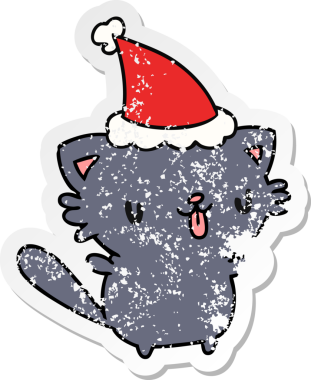 Bir insan tarafından çizilmiş kawaii kedisinin sıkıntılı yılbaşı çıkartması.