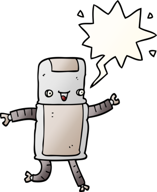 bir insan tarafından çizilmiş, konuşma baloncuklu çizgi film robotu.