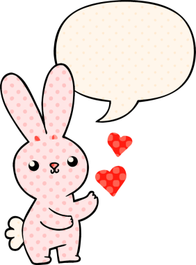 Sevgi dolu karikatür tavşanı. Konuşma baloncuğu olan çizgi roman tarzı bir insan tarafından çizilmiş.