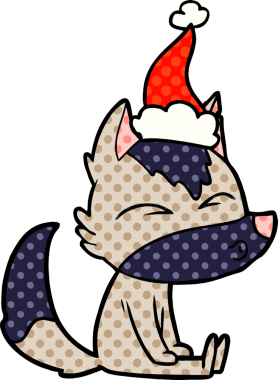 Bir insan tarafından çizilmiş Noel Baba şapkası takan bir kurdun el çizimi çizgi roman tasviri.