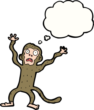 Bir insan tarafından çizilmiş düşünce balonlu korkmuş maymun çizgi filmi.