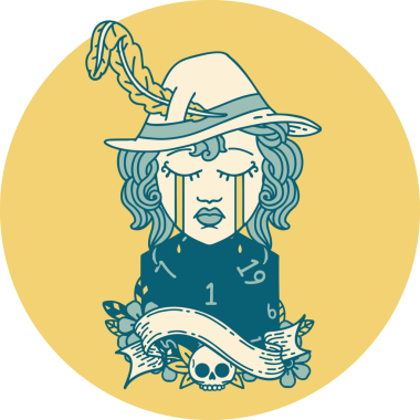 Retro Dövme Tarzı Ağlayan İnsan Druid karakteri Bir insan tarafından çizilmiş doğal bir D20 ruloyla