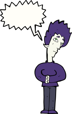 Bir insan tarafından çizilmiş konuşma balonlu meraklı vampir çizgi filmi.