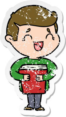 Bir insan tarafından çizilmiş kitabı tutan, gülen bir çizgi film karakterinin sıkıntılı çıkartması.