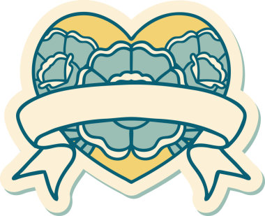 Geleneksel kalp stili dövme çıkartması ve bir insan tarafından çizilmiş çiçekli pankart.