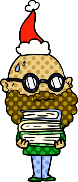 El çizimi çizgi roman tasviri sakallı ve Noel Baba şapkası takan endişeli bir adamın çizimi.