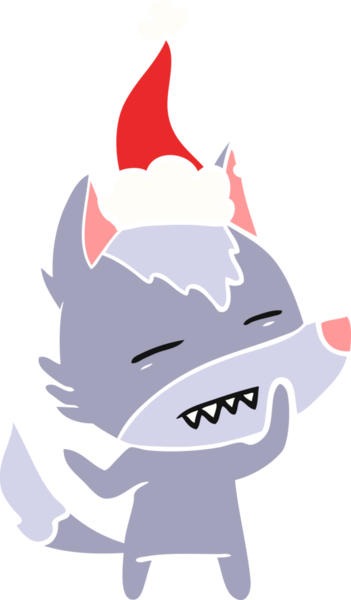 Bir insan tarafından çizilmiş Noel Baba şapkası takan bir kurdun düz renk çizimi.