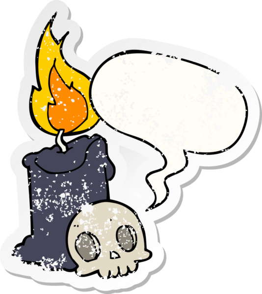 Bir insan tarafından çizilmiş, sıkıntılı, eski bir çıkartma olan, konuşma baloncuklu karton kafatası ve mum.