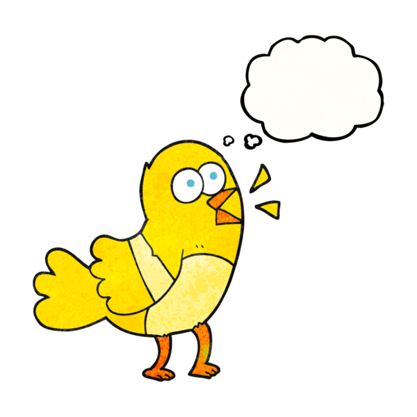 Bir insan tarafından çizilmiş serbest çizim düşünce kabarcığı desenli çizgi film kuşu