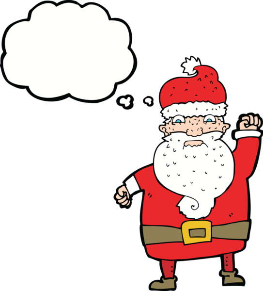 Bir insan tarafından çizilmiş düşünce baloncuklu kızgın Noel Baba çizgi filmi.
