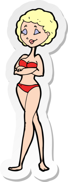 Bir insan tarafından çizilmiş bikinili eski bir karikatür kadın çıkartması.