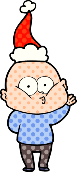 Bir insan tarafından çizilmiş Noel Baba şapkası takan kel bir adamın el çizimi çizgi roman tasviri.