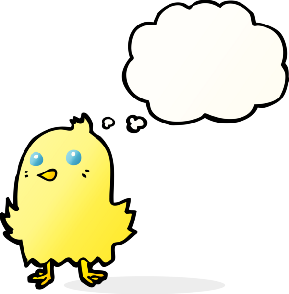 Bir insan tarafından çizilmiş düşünce baloncuklu çizgi film kuşu.