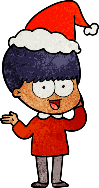 Bir insan tarafından çizilmiş Noel Baba şapkası giymiş bir çocuğun çizilmiş mutlu el çizimi karikatürü.