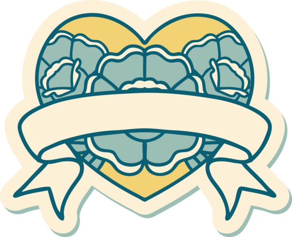 Geleneksel kalp stili dövme çıkartması ve bir insan tarafından çizilmiş çiçekli pankart.