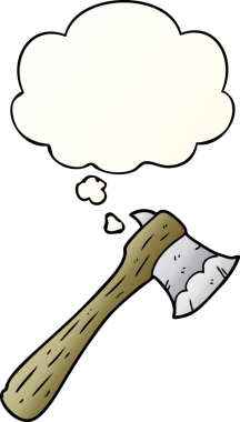 Düşünce baloncuğu olan çizgi film baltası bir insan tarafından çizilmiş.