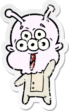 Bir insan tarafından çizilmiş mutlu çizgi film uzaylısının sıkıntılı çıkartması.