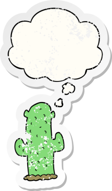 Düşünce baloncuğu olan çizgi film kaktüsü insan tarafından çizilmiş yıpranmış bir çıkartma.