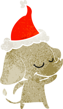 Bir insanın çizdiği Noel Baba şapkası takan gülümseyen bir filin el çizimi karikatürü.