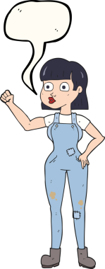 Serbest konuşma balonu çizen karikatür kadın bir insan tarafından çizilmiş yumruğunu sıkıyor.