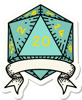Bir insan tarafından çizilmiş 20 kritik vuruşluk D20 zar etiketi.