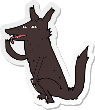 Bir insan tarafından çizilmiş pençelerini yalayan bir kurt çizgi filminin çıkartması.