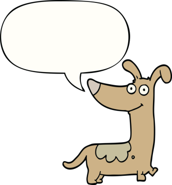 Bir insan tarafından çizilmiş konuşma balonu olan çizgi film köpeği.