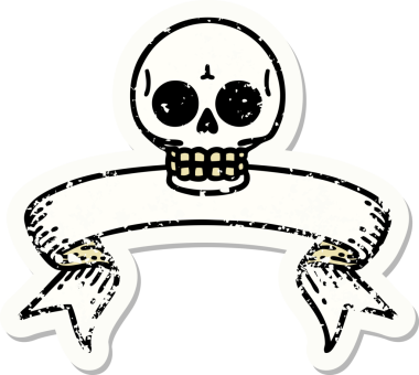 Bir insan tarafından çizilmiş kafatasının pankartıyla eski bir etiket.