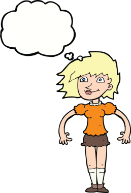 Bir insan tarafından çizilmiş düşünce balonlu mutlu kadın çizgi filmi.