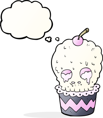 Bir insan tarafından çizilmiş düşünce baloncuklu ürkütücü kafatası kek çizgi filmi.