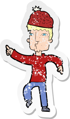 Bir insan tarafından çizilmiş şapkalı bir karikatürcünün sıkıntılı retro yapıştırması.