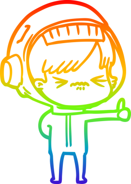 Gökkuşağı gradyan çizgi çizimi. Sinirli bir uzay kızı. Bir insan tarafından başparmak işareti çiziyor.