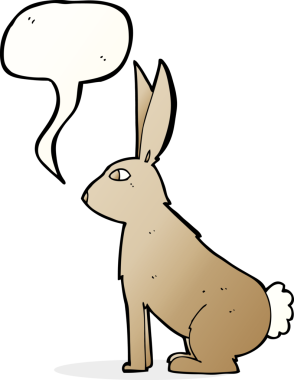 Bir insan tarafından çizilmiş konuşma balonlu çizgi film tavşanı.