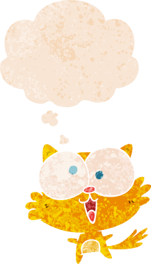 Düşünce baloncuklu çılgın çizgi film kedisi grunge sıkıntılı retro desenli bir insan tarafından çizilmiş