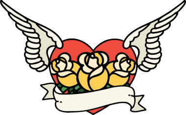 Geleneksel bir kalp dövmesi. Çiçekler ve bir insan tarafından çizilmiş bayrak.