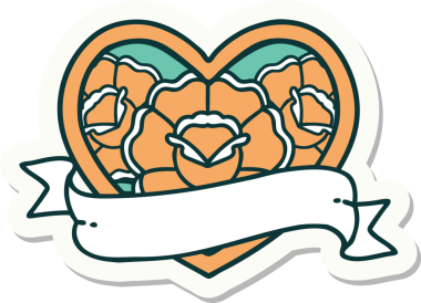 Geleneksel kalp stili dövme çıkartması ve bir insan tarafından çizilmiş çiçekli pankart.