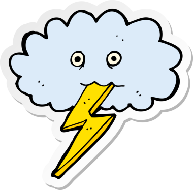 Çizgi film yıldırımının çıkartması ve bir insan tarafından çizilmiş bulut.