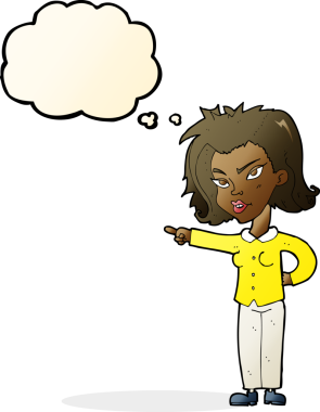 Bir insan tarafından çizilmiş düşünce balonuyla işaret eden çizgi film kadını.