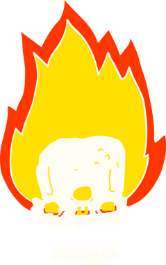 Ürkütücü düz renkli çizgi film. Bir insan tarafından çizilmiş alevli kafatası.