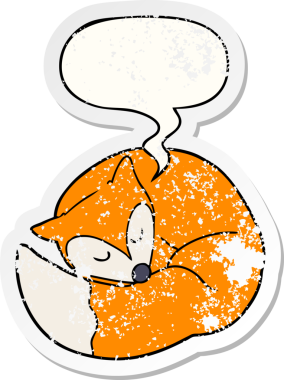 Konuşma balonlu çizgi film uyuyan tilki. Bir insan tarafından çizilmiş sıkıntılı eski bir çıkartma.