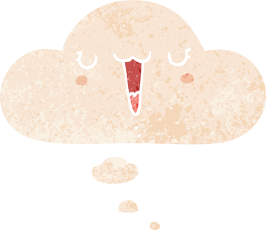 Düşünce baloncuğu ve grunge ile sevimli mutlu çizgi film yüzü bir insan tarafından çizilmiş sıkıntılı retro dokuma tarzı