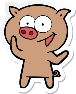 Bir insan tarafından çizilmiş neşeli bir domuz çizgi filminin çıkartması.