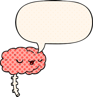 Bir insan tarafından çizilmiş çizgi roman tarzında konuşma balonu olan mutlu bir çizgi film beyni.