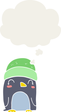 Bir insan tarafından çizilmiş düşünce baloncuğu olan sevimli penguen çizgi filmi.