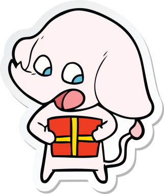 Bir insan tarafından çizilmiş Noel hediyeli şirin bir filin çıkartması.