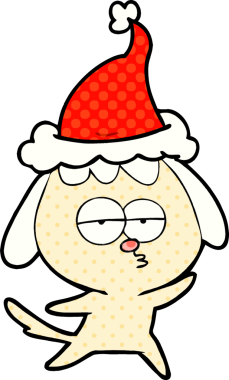 Bir insan tarafından çizilmiş Noel Baba şapkası takan sıkılmış bir köpeğin el çizimi çizgi roman tasviri.