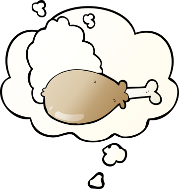 Düşünce baloncuğu olan tavuk budu çizgi filmi bir insan tarafından çizilmiş.