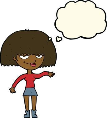 Kendini beğenmiş kadın bir insan tarafından çizilmiş düşünce baloncuğuyla küçümseyici bir jest yapıyor.