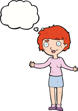 Bir insan tarafından çizilmiş düşünce baloncuğu olan kafası karışık bir kadın çizgi filmi.